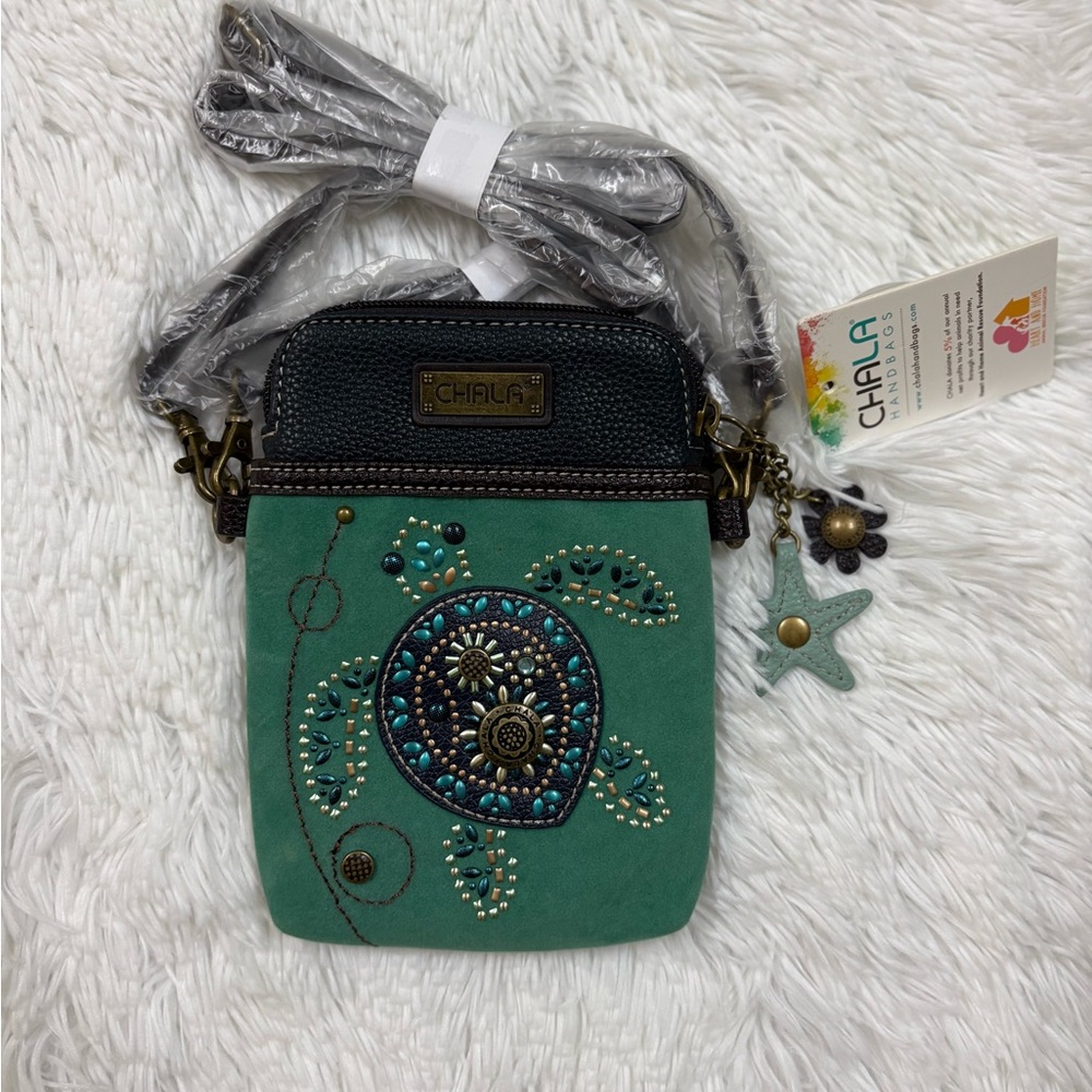 Chala Teal Crossbody Bag with Turtle Accent